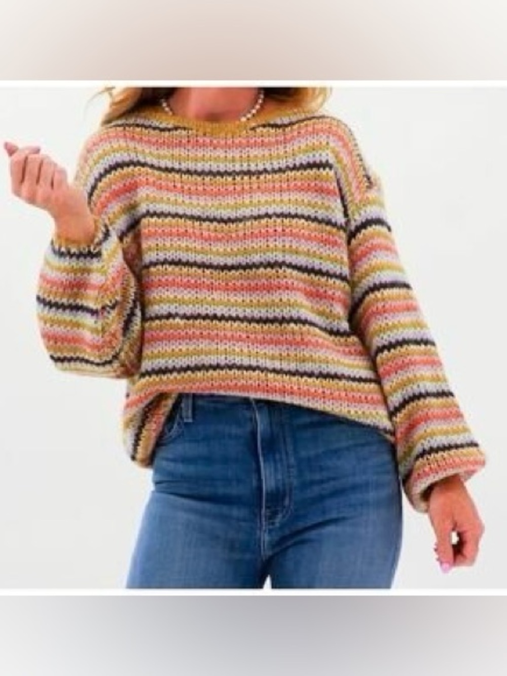 PINCH Soft Stripe Loose Knit Cropped 3/4 Sleeve Sweater